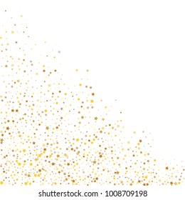 Stars, sprocket, rings, shiny confetti. Scattered little gold, yellow, glitter elements. Random stellar falling on white background. New Year and Christmas background. Vector illustration.