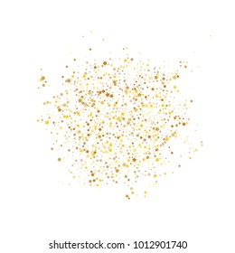 Stars, sprocket, rings, shiny confetti. Scattered little gold, yellow, glitter elements. Random stellar falling on white background. New Year and Christmas background. Vector illustration.