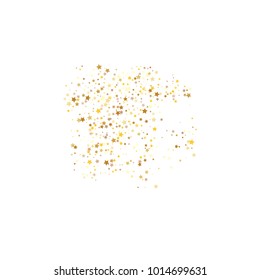 Stars, sprocket, rings, shiny confetti. Scattered little gold, yellow, glitter elements. Random stellar falling on white background. New Year and Christmas background. Vector illustration.