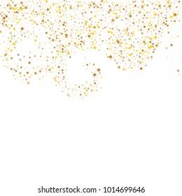 Stars, sprocket, rings, shiny confetti. Scattered little gold, yellow, glitter elements. Random stellar falling on white background. New Year and Christmas background. Vector illustration.