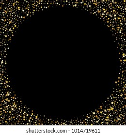 Stars, sprocket, rings, shiny confetti. Scattered little gold, yellow, glitter elements. Random stellar and circles falling on black background. New Year and Christmas background. Vector illustration.