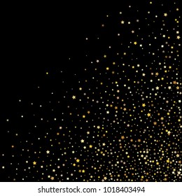 Stars, sprocket, rings, shiny confetti. Scattered little gold, yellow, glitter elements. Random stellar and circles falling on black background. New Year and Christmas background. Vector illustration.
