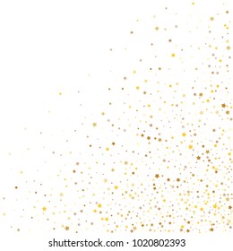 Stars, sprocket, rings, shiny confetti. Scattered little gold, yellow, glitter elements. Random stellar falling on white background. New Year and Christmas background. Vector illustration.