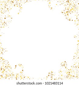 Stars, sprocket, rings, shiny confetti. Scattered little gold, yellow, glitter elements. Random stellar falling on white background. New Year and Christmas background. Vector illustration.