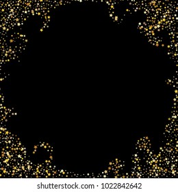 Stars, sprocket, rings, shiny confetti. Scattered little gold, yellow, glitter elements. Random stellar and circles falling on black background. New Year and Christmas background. Vector illustration.