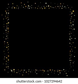 Stars, sprocket, rings, shiny confetti. Scattered little gold, yellow, glitter elements. Random stellar and circles falling on black background. New Year and Christmas background. Vector illustration.