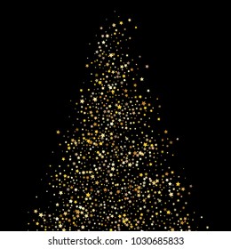 Stars, sprocket, rings, shiny confetti. Scattered little gold, yellow, glitter elements. Random stellar and circles falling on black background. New Year and Christmas background. Vector illustration.