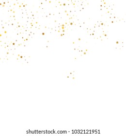 Stars, sprocket, rings, shiny confetti. Scattered little gold, yellow, glitter elements. Random stellar falling on white background. New Year and Christmas background. Vector illustration.