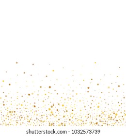 Stars, sprocket, rings, shiny confetti. Scattered little gold, yellow, glitter elements. Random stellar falling on white background. New Year and Christmas background. Vector illustration.