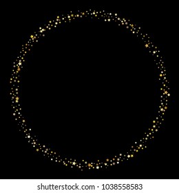 Stars, sprocket, rings, shiny confetti. Scattered little gold, yellow, glitter elements. Random stellar and circles falling on black background. New Year and Christmas background. Vector illustration.