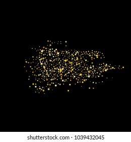 Stars, sprocket, rings, shiny confetti. Scattered little gold, yellow, glitter elements. Random stellar and circles falling on black background. New Year and Christmas background. Vector illustration.