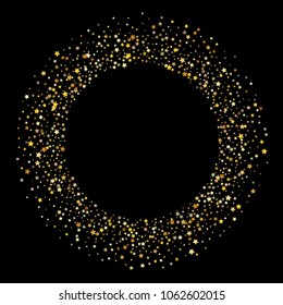 Stars, sprocket, rings, shiny confetti. Scattered little gold, yellow, glitter elements. Random stellar and circles falling on black background. New Year and Christmas background. Vector illustration.