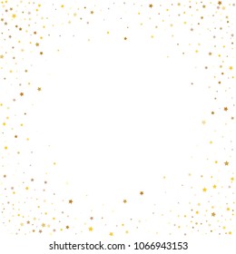 Stars, sprocket, rings, shiny confetti. Scattered little gold, yellow, glitter elements. Random stellar falling on white background. New Year and Christmas background. Vector illustration.