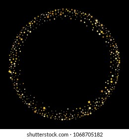 Stars, sprocket, rings, shiny confetti. Scattered little gold, yellow, glitter elements. Random stellar and circles falling on black background. New Year and Christmas background. Vector illustration.