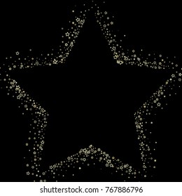 Stars, sprocket, rings, shiny confetti. Scattered little gold, yellow, glitter elements. Random stellar and circles falling on black background. New Year and Christmas background. Vector illustration.