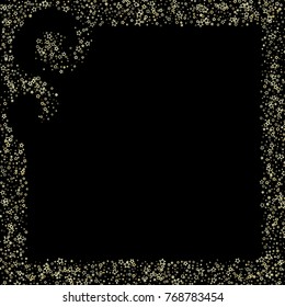 Stars, sprocket, rings, shiny confetti. Scattered little gold, yellow, glitter elements. Random stellar and circles falling on black background. New Year and Christmas background. Vector illustration.