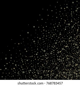 Stars, sprocket, rings, shiny confetti. Scattered little gold, yellow, glitter elements. Random stellar and circles falling on black background. New Year and Christmas background. Vector illustration.