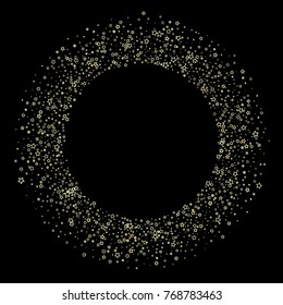 Stars, sprocket, rings, shiny confetti. Scattered little gold, yellow, glitter elements. Random stellar and circles falling on black background. New Year and Christmas background. Vector illustration.