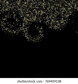 Stars, sprocket, rings, shiny confetti. Scattered little gold, yellow, glitter elements. Random stellar and circles falling on black background. New Year and Christmas background. Vector illustration.