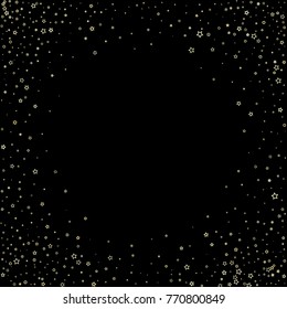 Stars, sprocket, rings, shiny confetti. Scattered little gold, yellow, glitter elements. Random stellar and circles falling on black background. New Year and Christmas background. Vector illustration.