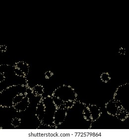 Stars, sprocket, rings, shiny confetti. Scattered little gold, yellow, glitter elements. Random stellar and circles falling on black background. New Year and Christmas background. Vector illustration.