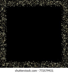 Stars, sprocket, rings, shiny confetti. Scattered little gold, yellow, glitter elements. Random stellar and circles falling on black background. New Year and Christmas background. Vector illustration.