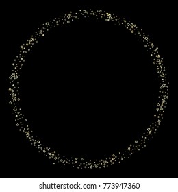 Stars, sprocket, rings, shiny confetti. Scattered little gold, yellow, glitter elements. Random stellar and circles falling on black background. New Year and Christmas background. Vector illustration.