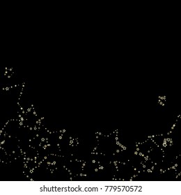 Stars, sprocket, rings, shiny confetti. Scattered little gold, yellow, glitter elements. Random stellar and circles falling on black background. New Year and Christmas background. Vector illustration.
