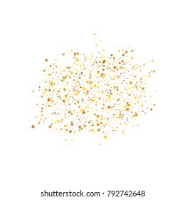 Stars, sprocket, rings, shiny confetti. Scattered little gold, yellow, glitter elements. Random stellar falling on white background. New Year and Christmas background. Vector illustration.