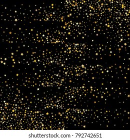 Stars, sprocket, rings, shiny confetti. Scattered little gold, yellow, glitter elements. Random stellar and circles falling on black background. New Year and Christmas background. Vector illustration.