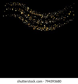 Stars, sprocket, rings, shiny confetti. Scattered little gold, yellow, glitter elements. Random stellar and circles falling on black background. New Year and Christmas background. Vector illustration.