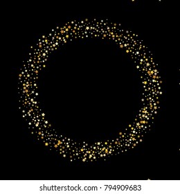 Stars, sprocket, rings, shiny confetti. Scattered little gold, yellow, glitter elements. Random stellar and circles falling on black background. New Year and Christmas background. Vector illustration.