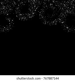Stars, sprocket, shiny confetti. Scattered little sparkling, flashing silver, gray, glitter elements. Random stellar falling on black background. New Year, Christmas background. Vector illustration.