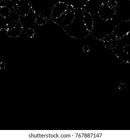 Stars, sprocket, shiny confetti. Scattered little sparkling, flashing silver, gray, glitter elements. Random stellar falling on black background. New Year, Christmas background. Vector illustration.