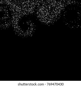 Stars, sprocket, shiny confetti. Scattered little sparkling, flashing silver, gray, glitter elements. Random stellar falling on black background. New Year, Christmas background. Vector illustration.