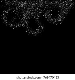 Stars, sprocket, shiny confetti. Scattered little sparkling, flashing silver, gray, glitter elements. Random stellar falling on black background. New Year, Christmas background. Vector illustration.