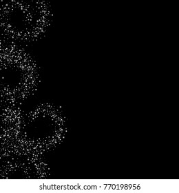 Stars, sprocket, shiny confetti. Scattered little sparkling, flashing silver, gray, glitter elements. Random stellar falling on black background. New Year, Christmas background. Vector illustration.