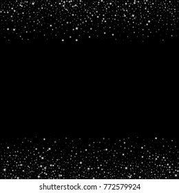 Stars, sprocket, shiny confetti. Scattered little sparkling, flashing silver, gray, glitter elements. Random stellar falling on black background. New Year, Christmas background. Vector illustration.