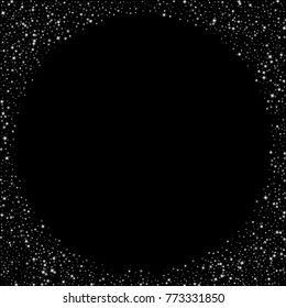 Stars, sprocket, shiny confetti. Scattered little sparkling, flashing silver, gray, glitter elements. Random stellar falling on black background. New Year, Christmas background. Vector illustration.