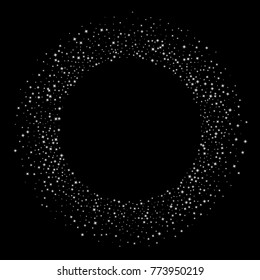 Stars, sprocket, shiny confetti. Scattered little sparkling, flashing silver, gray, glitter elements. Random stellar falling on black background. New Year, Christmas background. Vector illustration.