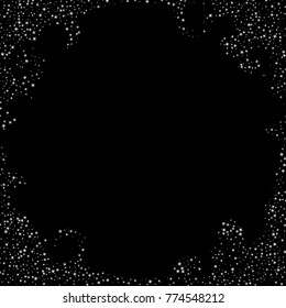 Stars, sprocket, shiny confetti. Scattered little sparkling, flashing silver, gray, glitter elements. Random stellar falling on black background. New Year, Christmas background. Vector illustration.