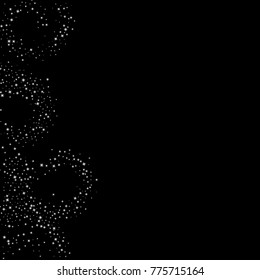 Stars, sprocket, shiny confetti. Scattered little sparkling, flashing silver, gray, glitter elements. Random stellar falling on black background. New Year, Christmas background. Vector illustration.