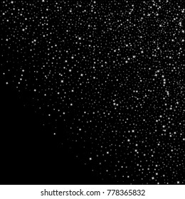 Stars, sprocket, shiny confetti. Scattered little sparkling, flashing silver, gray, glitter elements. Random stellar falling on black background. New Year, Christmas background. Vector illustration.