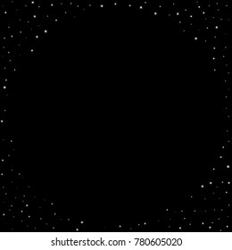 Stars, sprocket, shiny confetti. Scattered little sparkling, flashing silver, gray, glitter elements. Random stellar falling on black background. New Year, Christmas background. Vector illustration.
