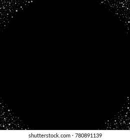 Stars, sprocket, shiny confetti. Scattered little sparkling, flashing silver, gray, glitter elements. Random stellar falling on black background. New Year, Christmas background. Vector illustration.