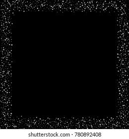 Stars, sprocket, shiny confetti. Scattered little sparkling, flashing silver, gray, glitter elements. Random stellar falling on black background. New Year, Christmas background. Vector illustration.