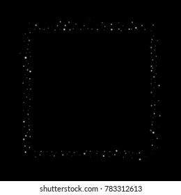 Stars, sprocket, shiny confetti. Scattered little sparkling, flashing silver, gray, glitter elements. Random stellar falling on black background. New Year, Christmas background. Vector illustration.