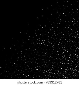 Stars, sprocket, shiny confetti. Scattered little sparkling, flashing silver, gray, glitter elements. Random stellar falling on black background. New Year, Christmas background. Vector illustration.