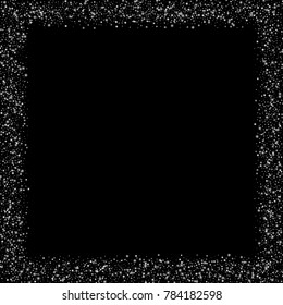 Stars, sprocket, shiny confetti. Scattered little sparkling, flashing silver, gray, glitter elements. Random stellar falling on black background. New Year, Christmas background. Vector illustration.