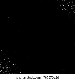 Stars, sprocket, shiny confetti. Scattered little sparkling, flashing silver, gray, glitter elements. Random stellar falling on black background. New Year, Christmas background. Vector illustration.
